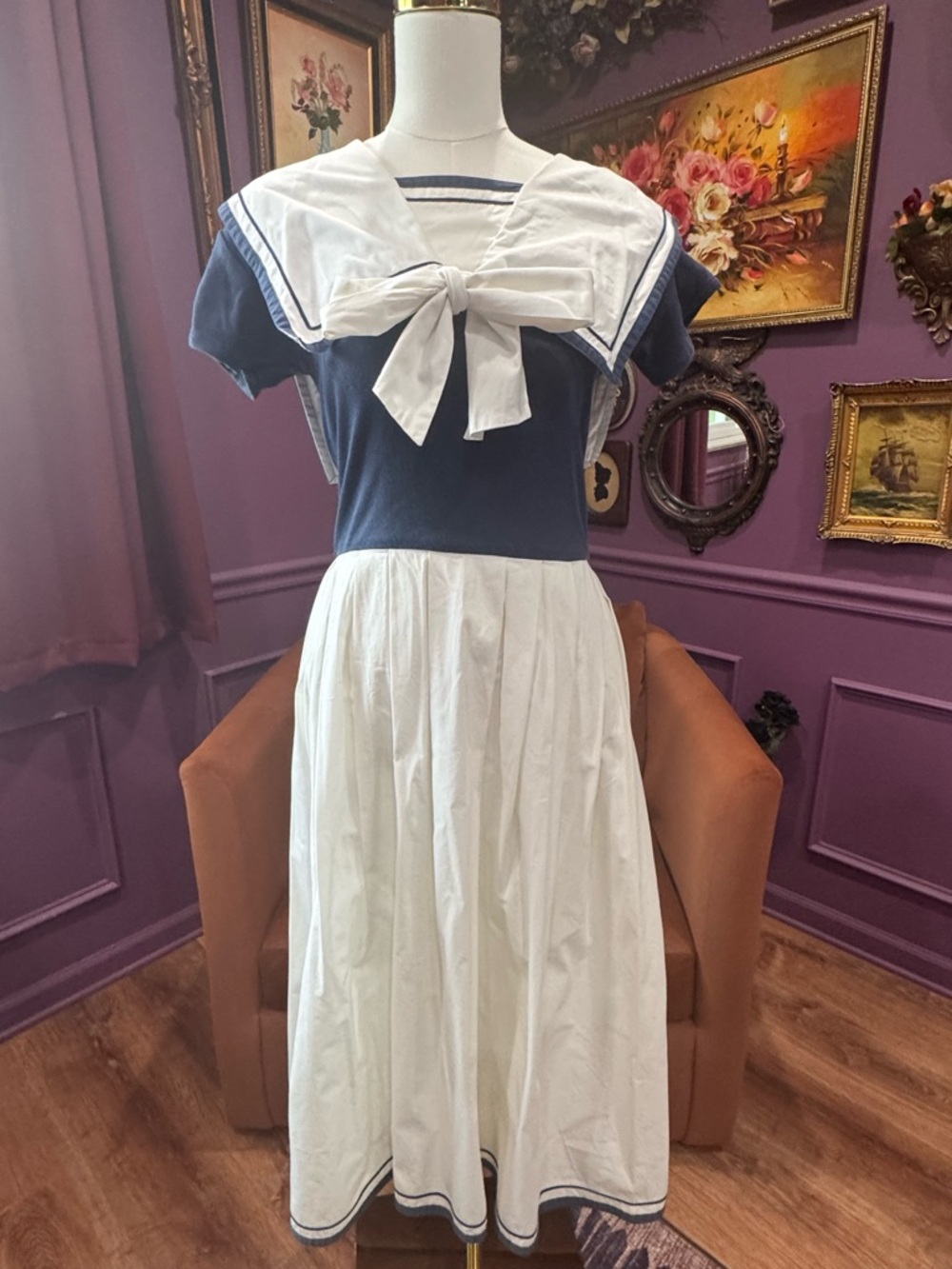 Vintage Michelle Stuart Navy and White Sailor Dress with Bow